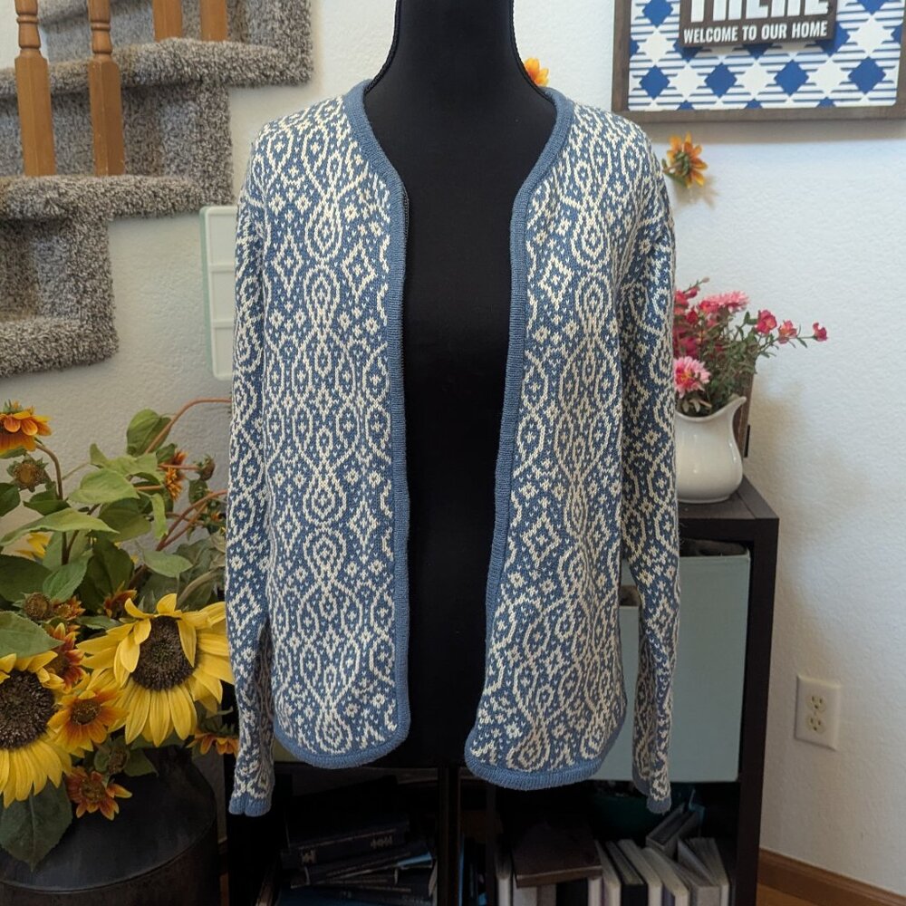 Nomadic Traders Blue & White Jacquard Knit Cardigan Sweater | Size Small